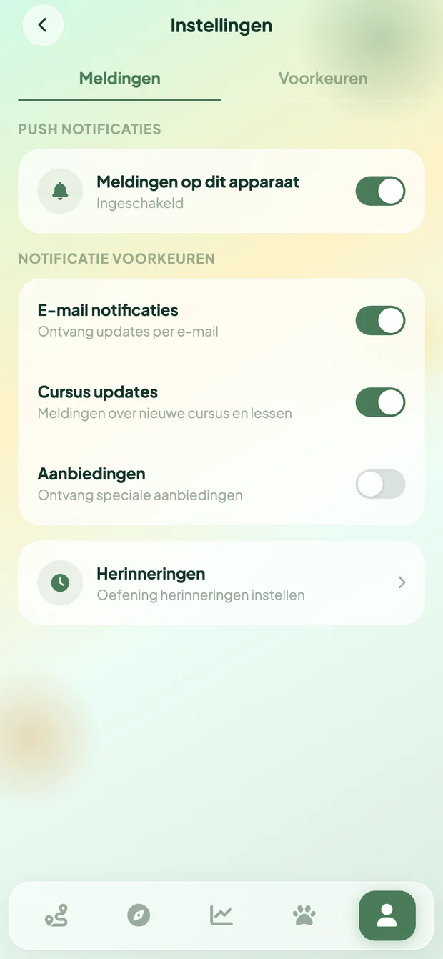 Vet Fysio instellingen met herinneringen en meldingen